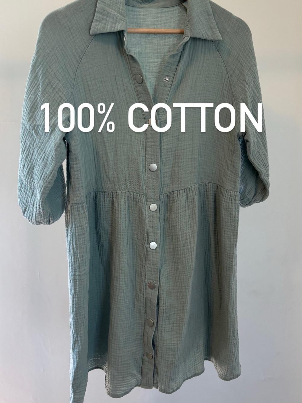 CUPSHE Button-Front Tunic Dress | 100% cotton gauze - color blue mint